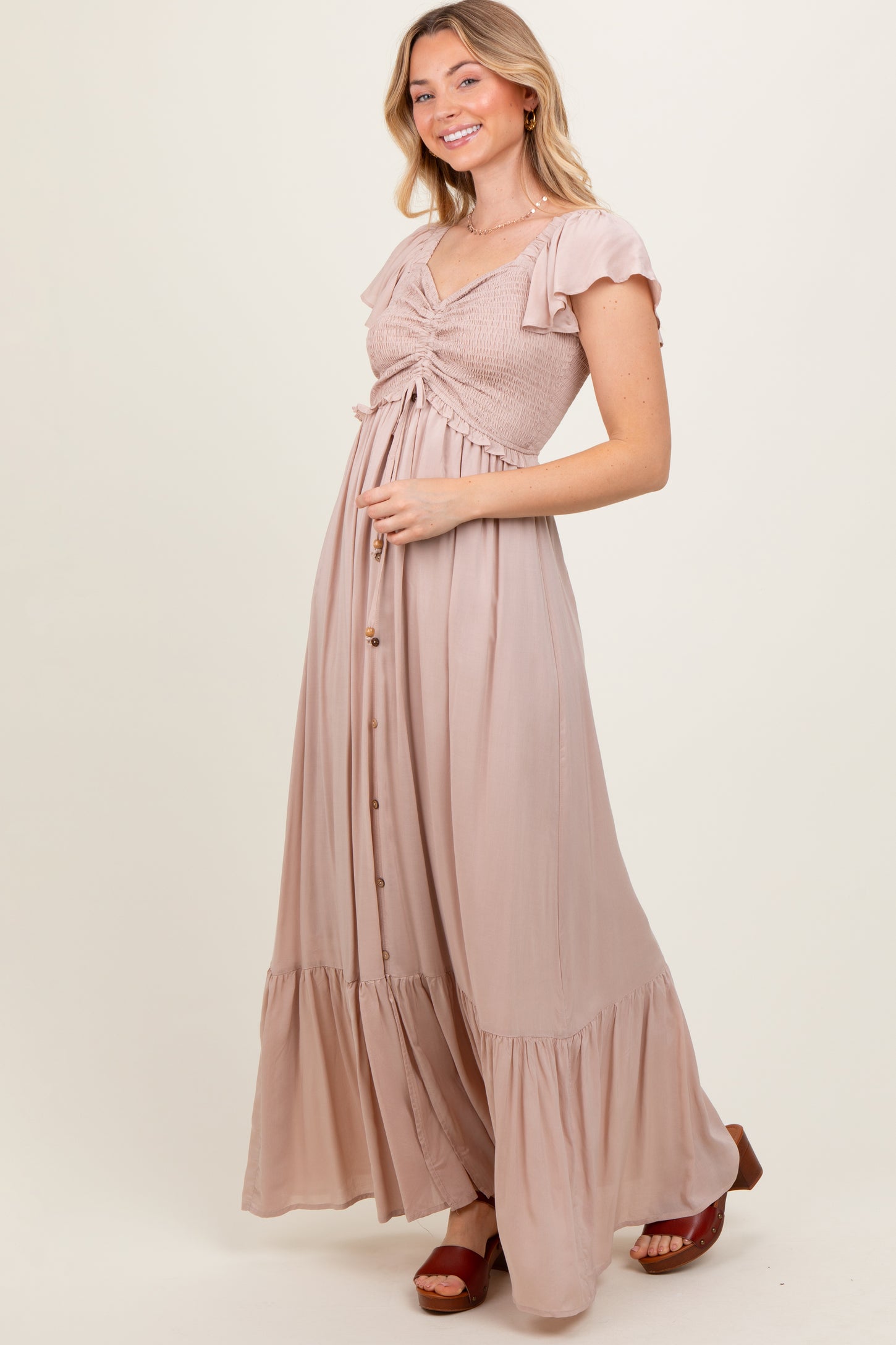 Taupe Smocked Top Woven Maxi Dress