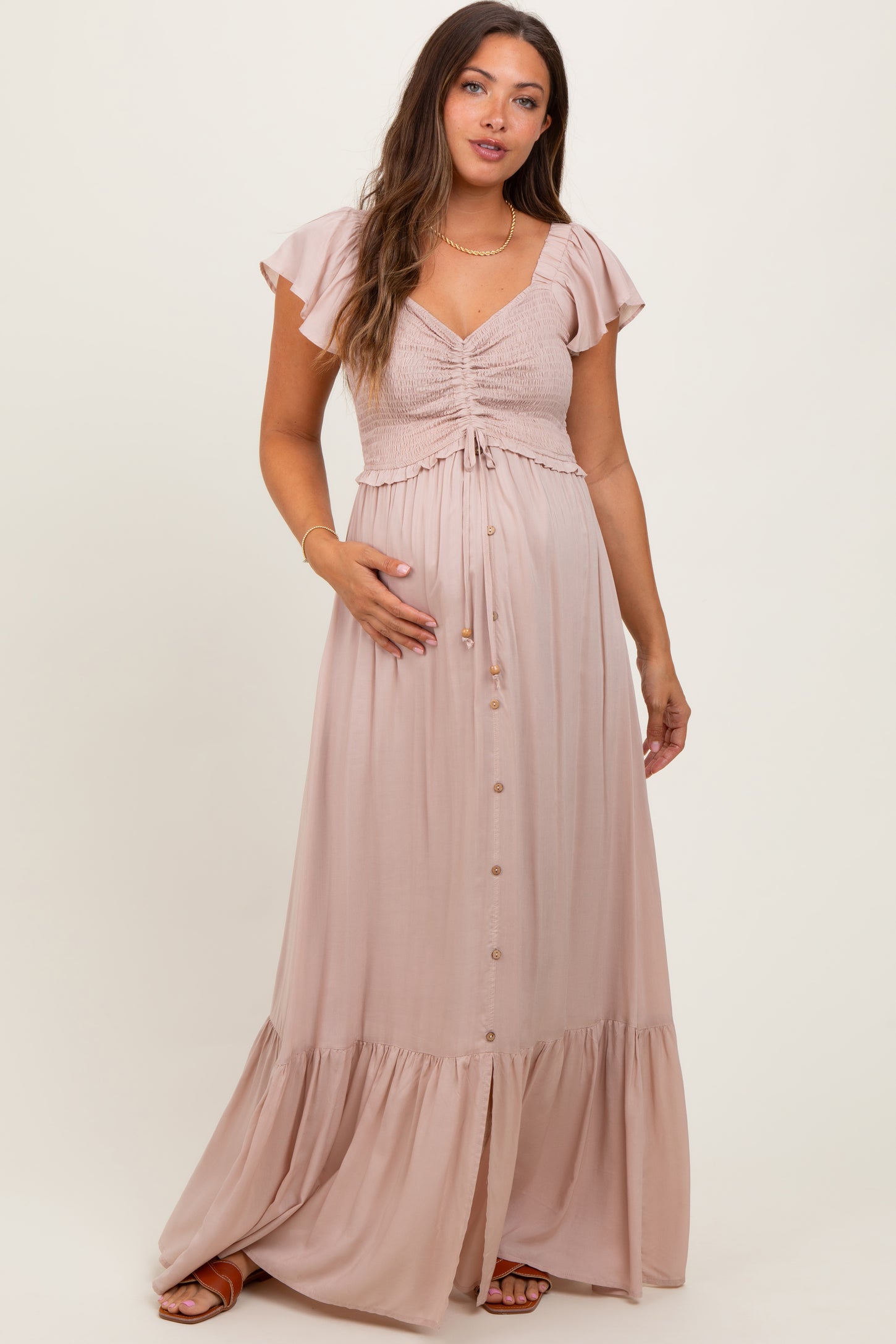 strapless open back dress Taupe Smocked Top Woven Maternity Maxi Dress