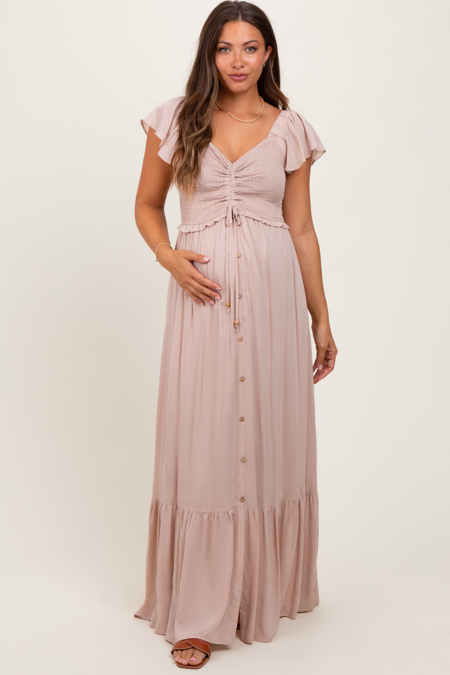 Taupe Smocked Top Woven Maternity Maxi Dress