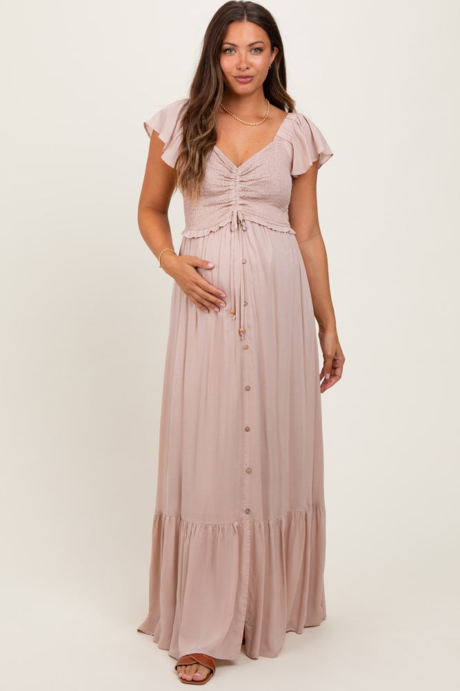 Taupe Smocked Top Woven Maternity Maxi Dress