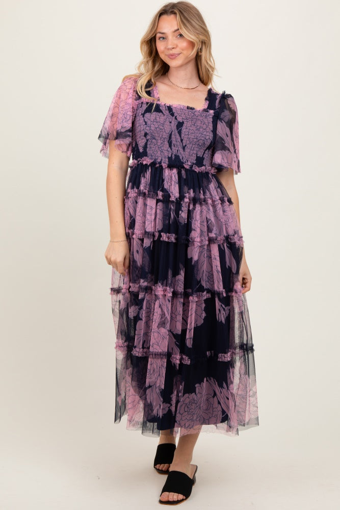 Navy Smocked Top Mesh Ruffled Midi Dress