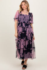 Navy Smocked Top Mesh Ruffled Midi Dress