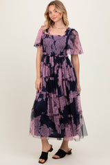 Navy Smocked Top Mesh Ruffled Midi Dress