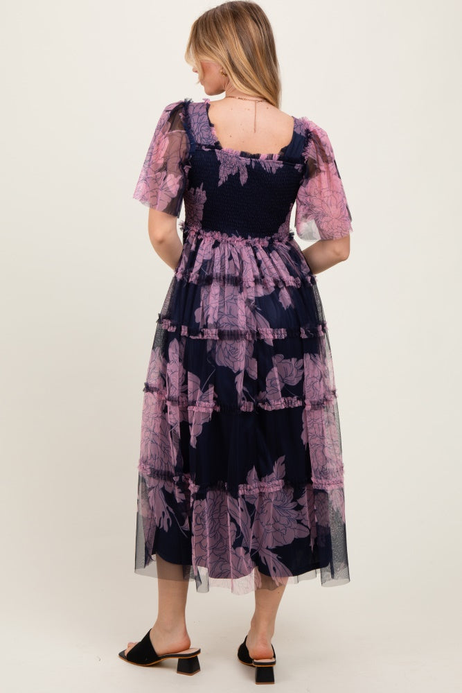 Navy Smocked Top Mesh Ruffled Midi Dress Navy Smocked Top Mesh Ruffled Midi Dress