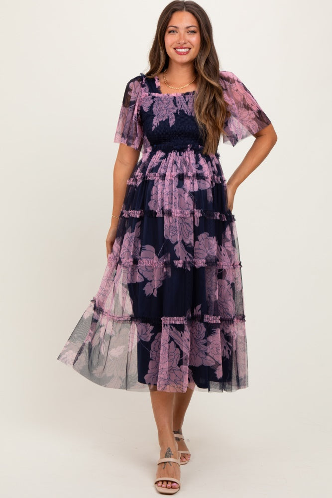 Navy Smocked Top Mesh Ruffled Maternity Midi Dress