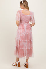 Pink Smocked Top Mesh Ruffled Midi Dress