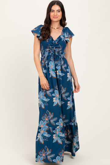 Navy Floral Smocked Cinched Top Maxi Dress