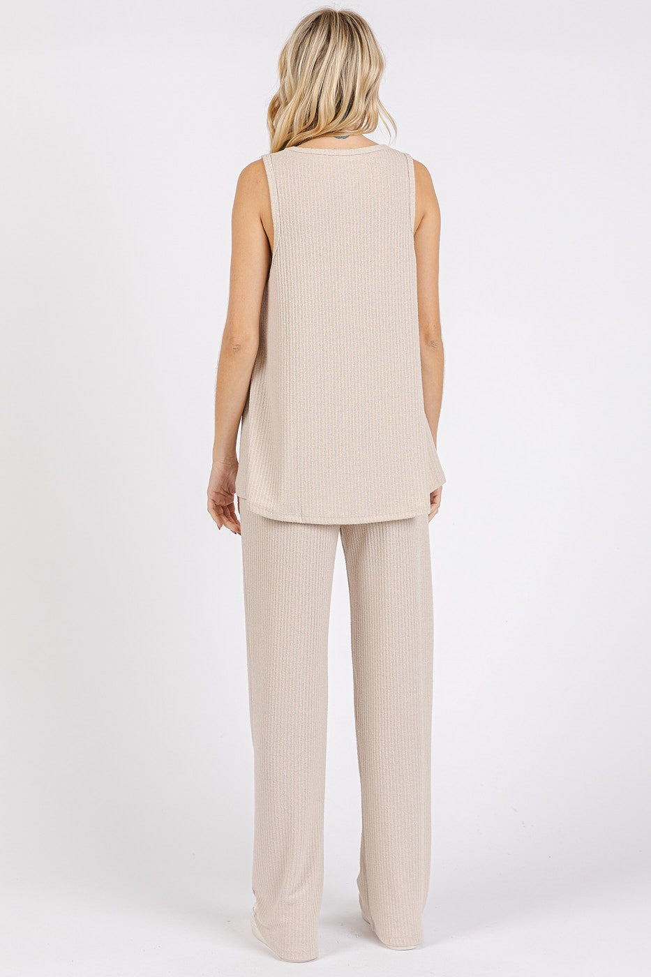 Cream Rib Knit Tank and Pant Set