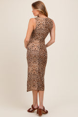 Taupe Leopard Knit Side Slit Maternity Midi Dress