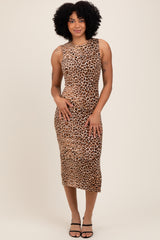 Taupe Leopard Knit Side Slit Maternity Midi Dress