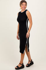 Black Pointelle Contrast Trim Sweater Midi Dress