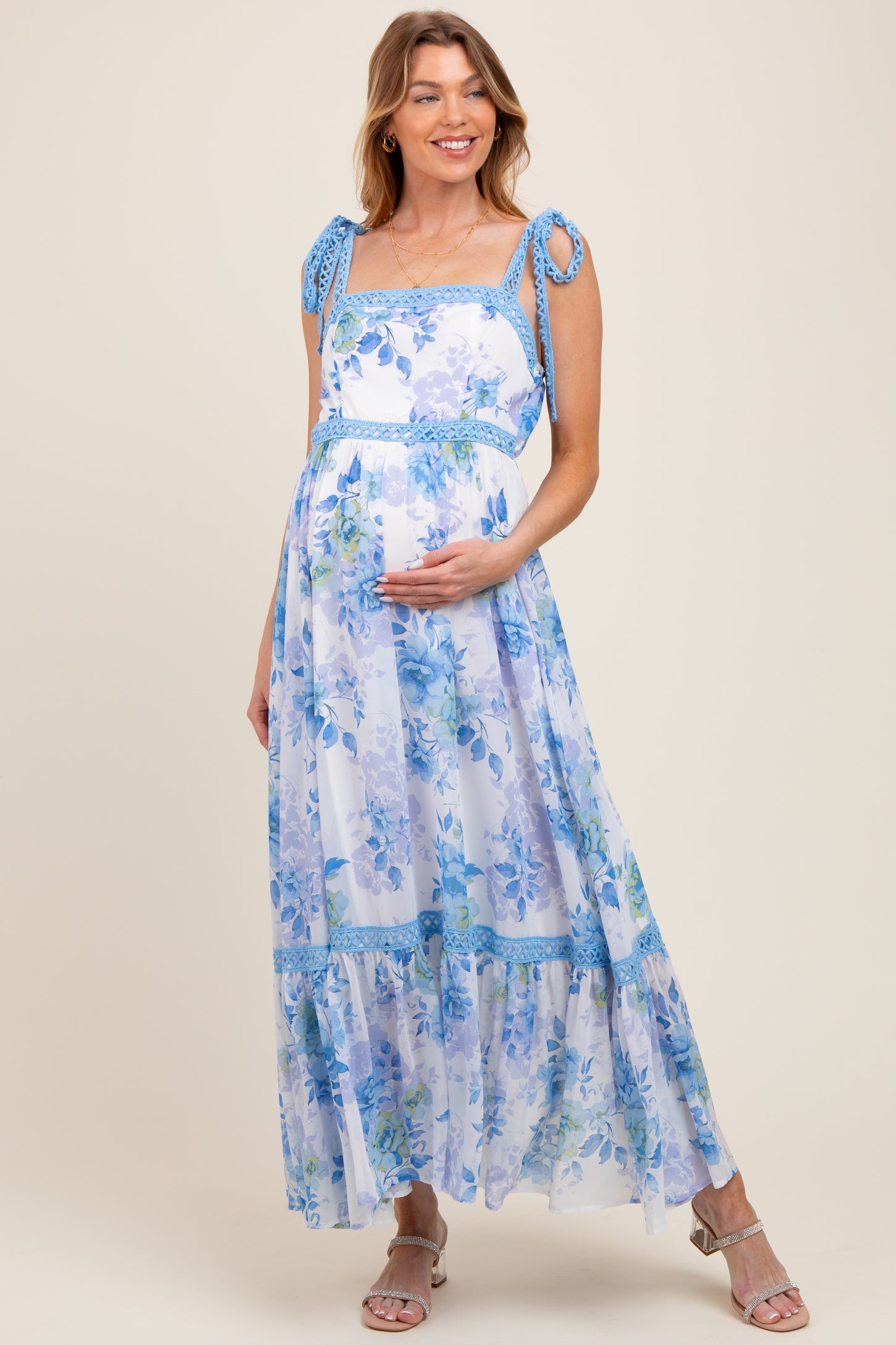 Blue Floral Shoulder Tie Tiered Maternity Maxi Dress