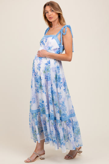 Blue Floral Shoulder Tie Tiered Maternity Maxi Dress
