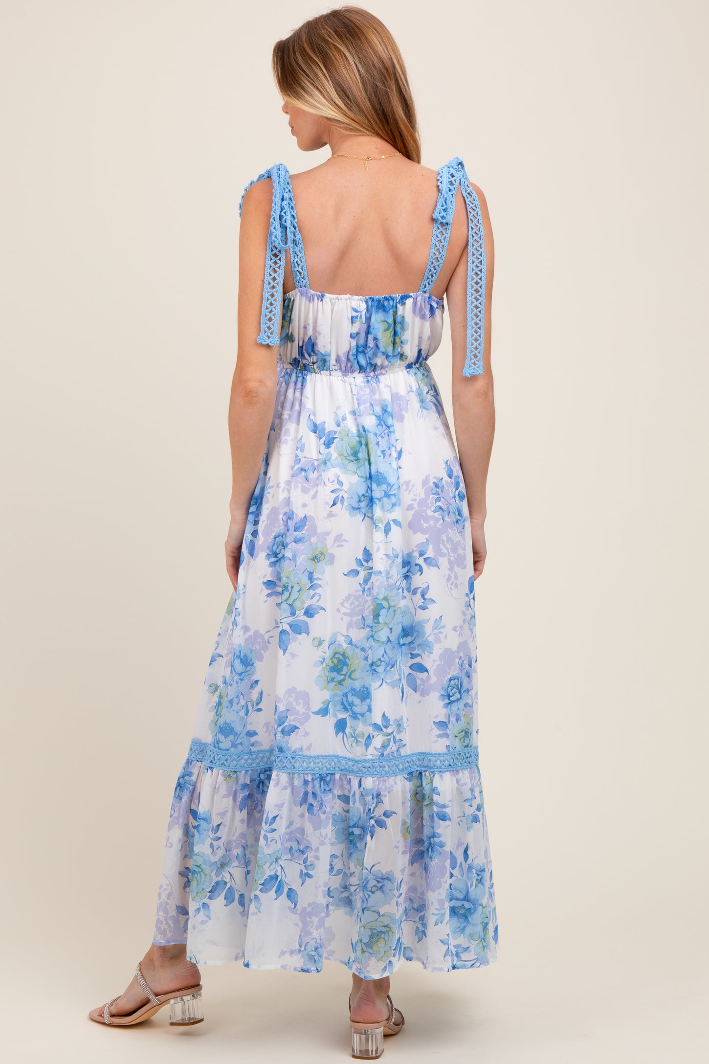 Blue Floral Shoulder Tie Tiered Maternity Maxi Dress