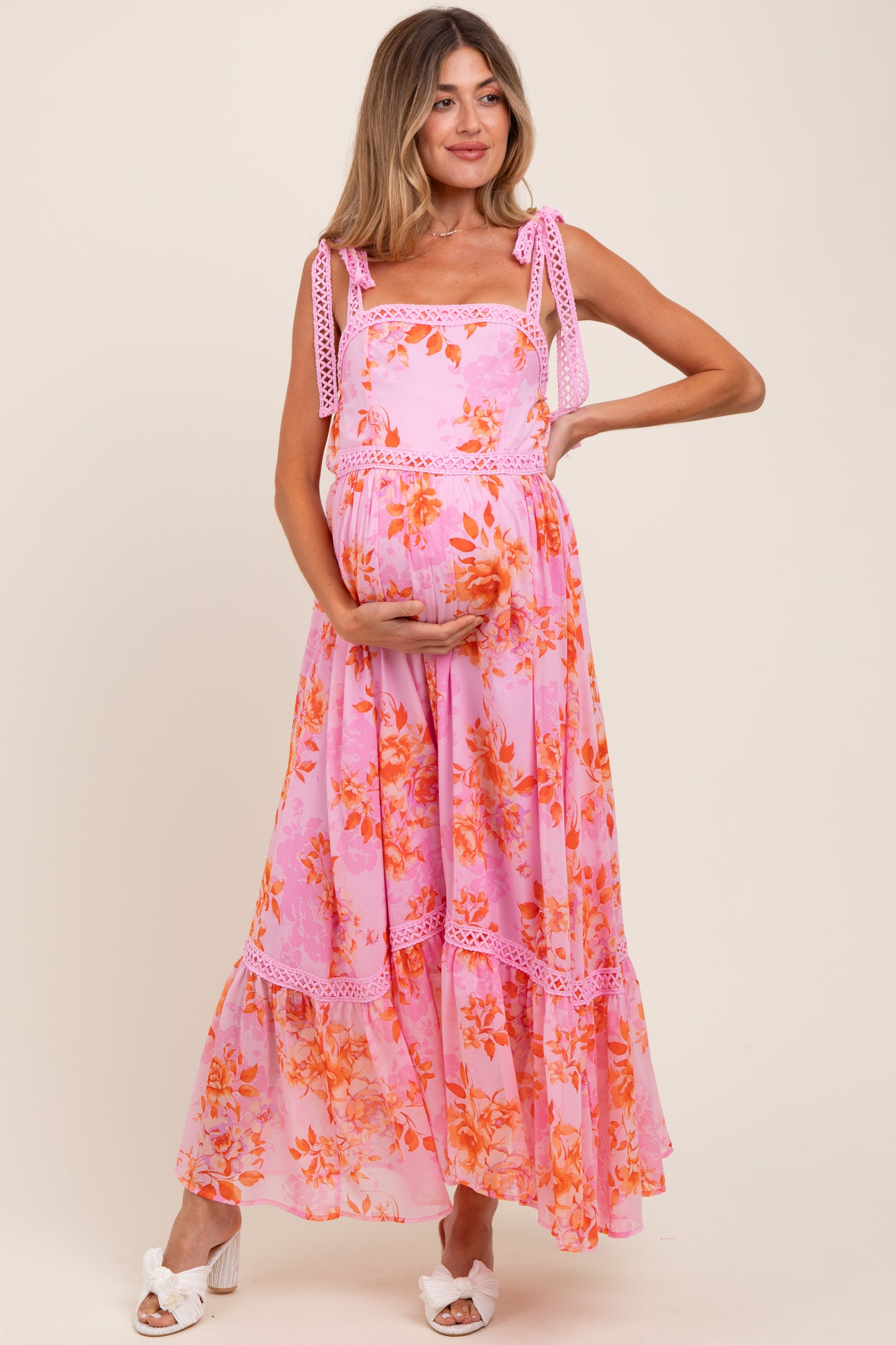 pinkblush maternity maxi dress Light Pink Floral Pleated Back Cutout Maternity Maxi Dress