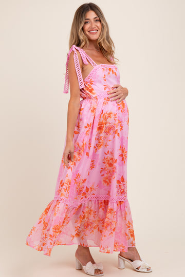 Pink Floral Shoulder Tie Tiered Maternity Maxi Dress