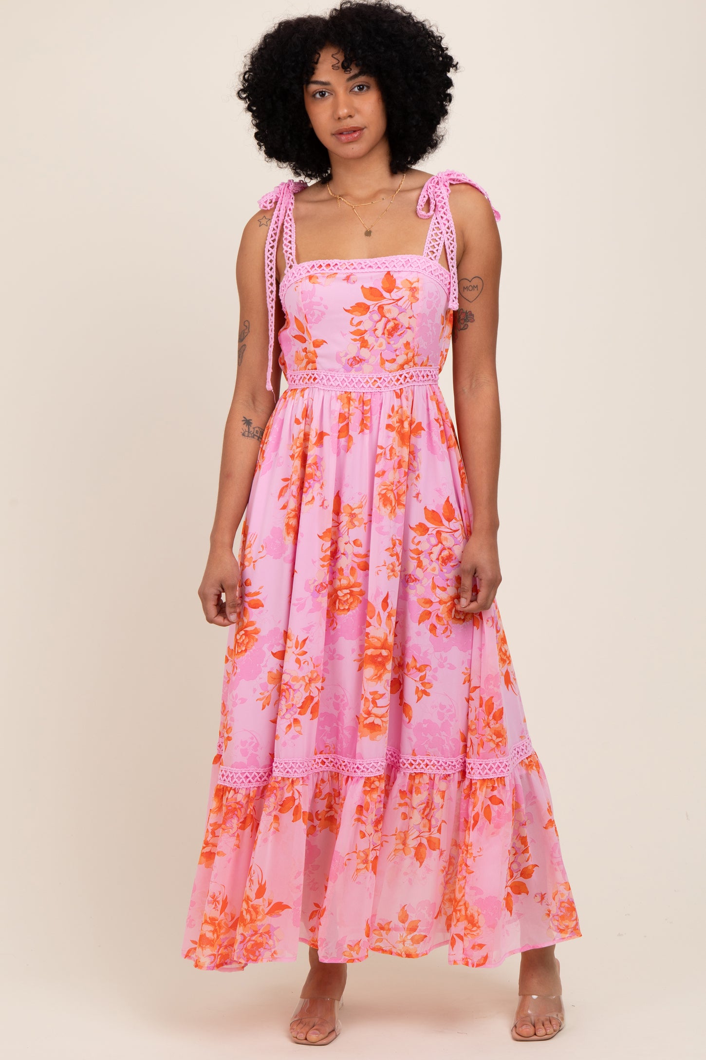 Pink Floral Shoulder Tie Tiered Maternity Maxi Dress