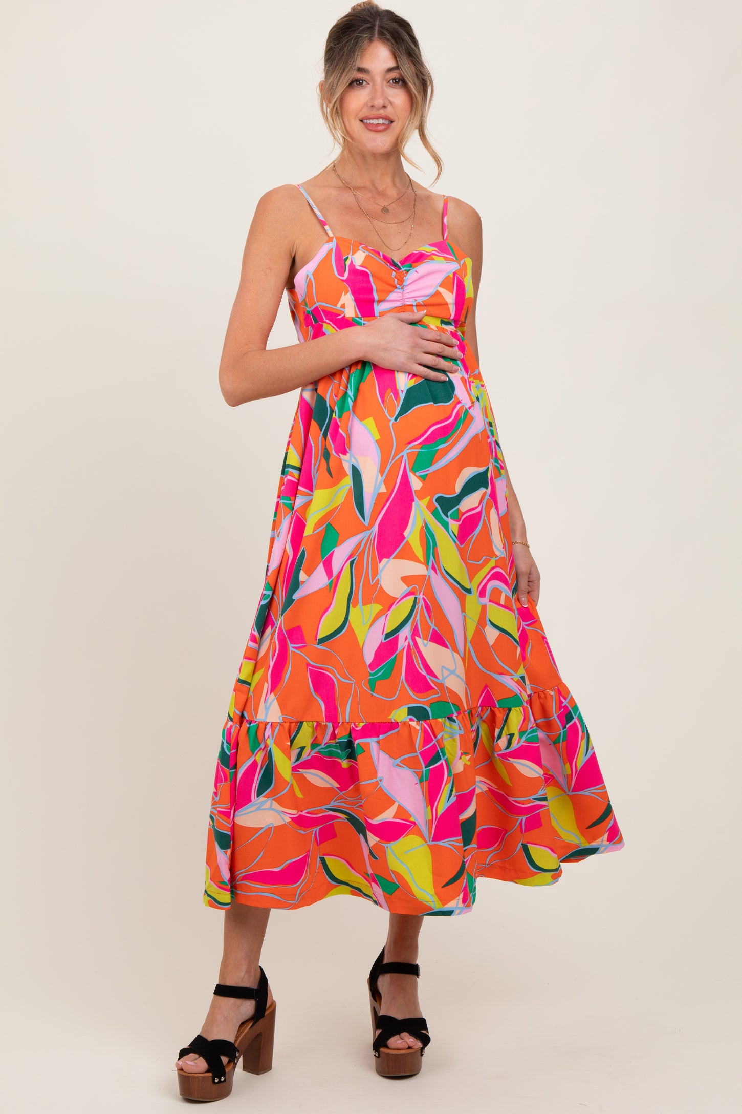 Orange Leaf Print Tie Back Maternity Maxi Dress