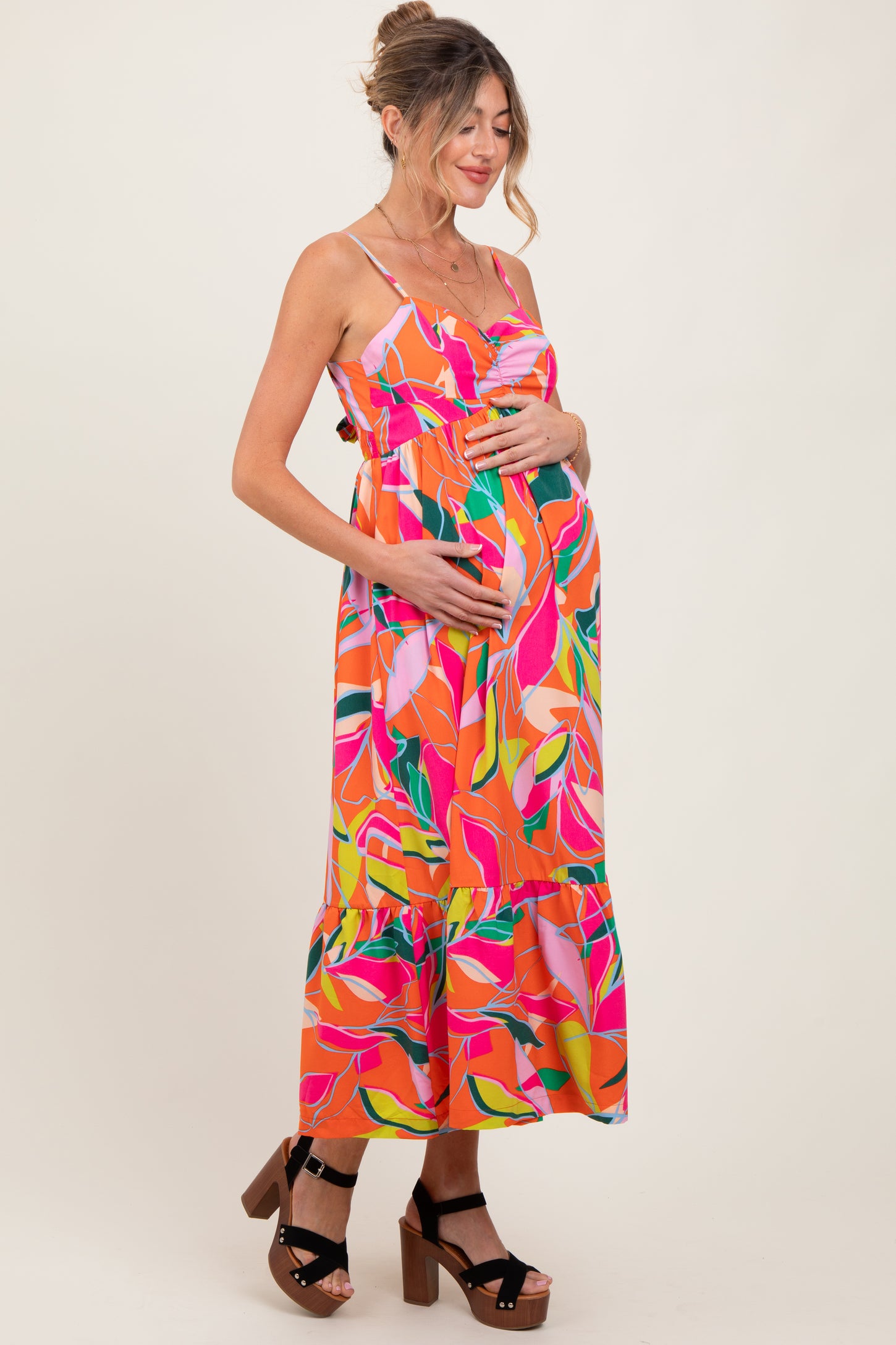 Orange Leaf Print Tie Back Maternity Maxi Dress