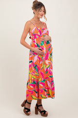 Orange Leaf Print Tie Back Maternity Maxi Dress