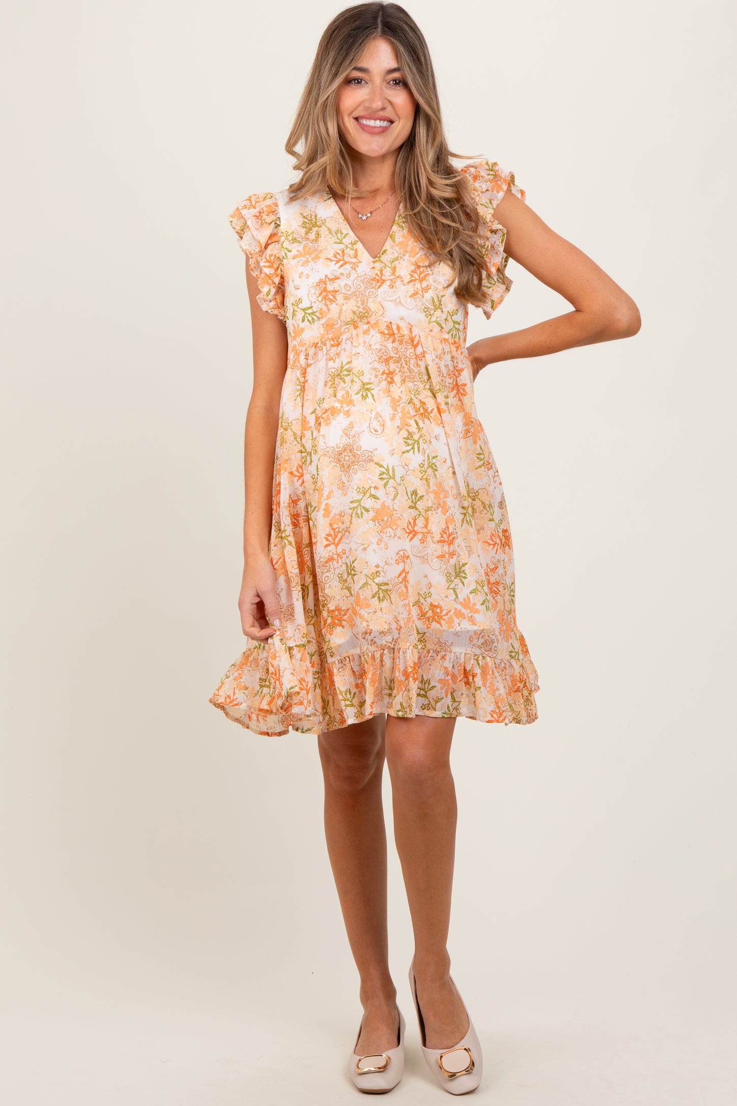 Orange Floral Chiffon Ruffle Short Sleeve Maternity Dress