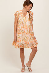 Orange Floral Chiffon Ruffle Short Sleeve Dress