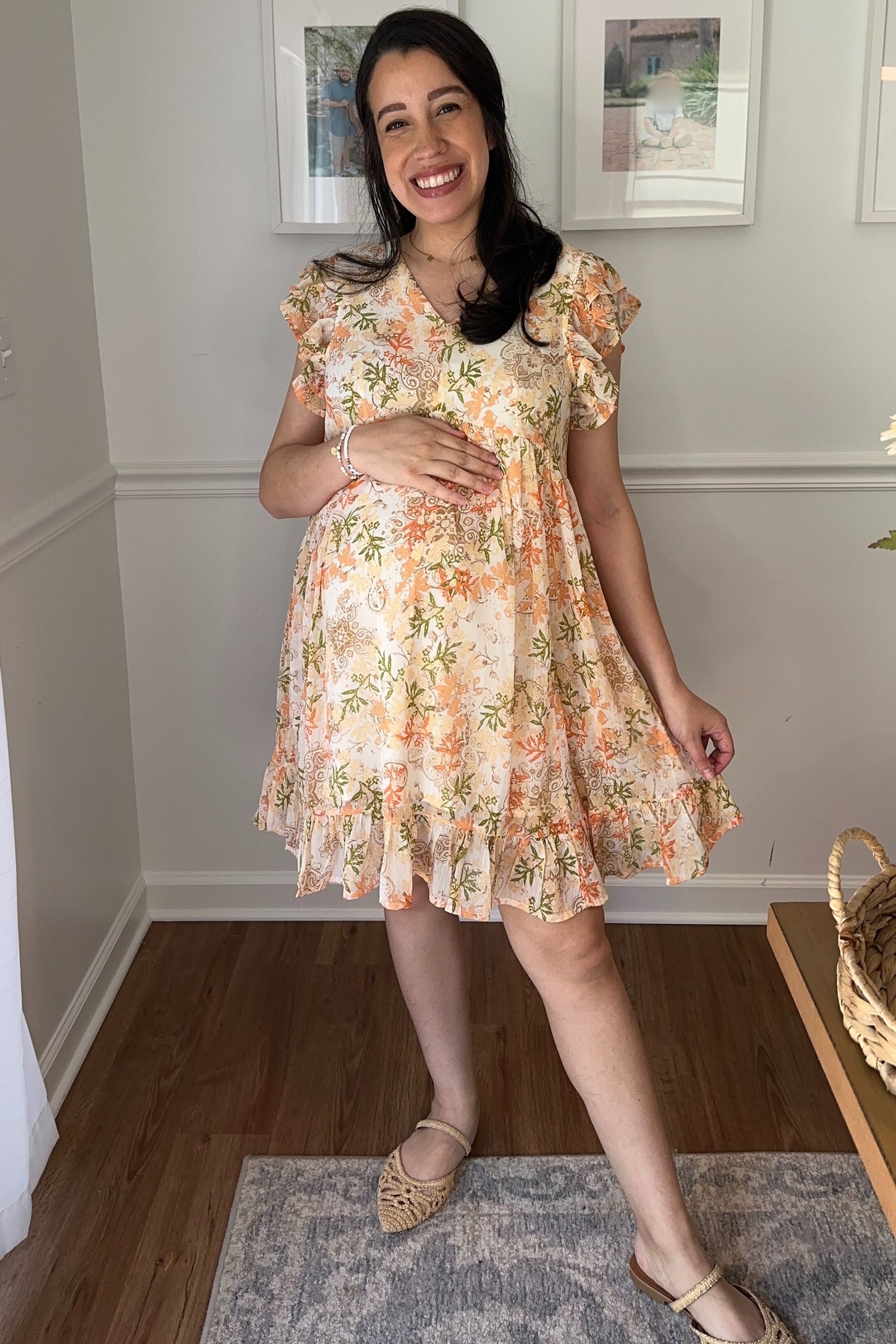 Orange Floral Chiffon Ruffle Short Sleeve Maternity Dress