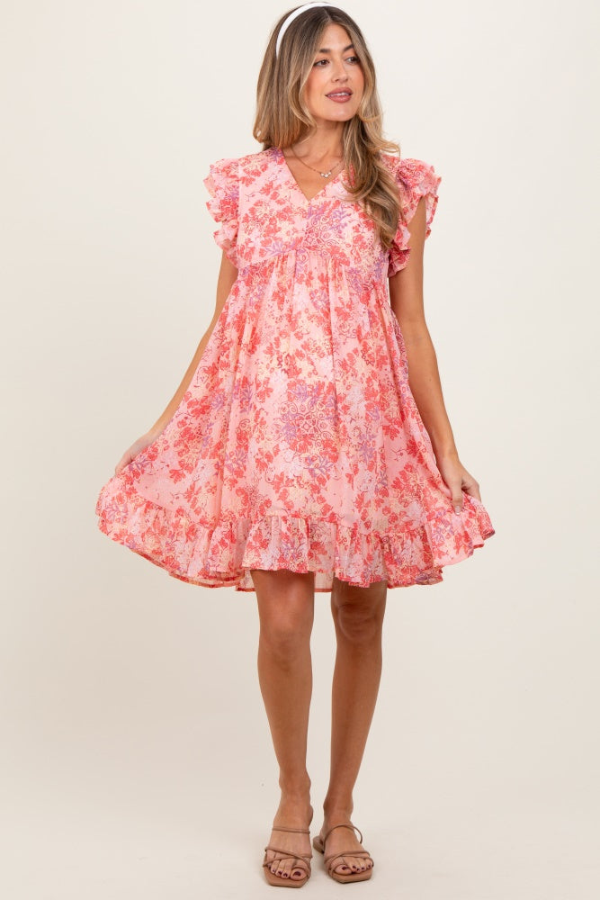 Pink Floral Chiffon Ruffle Short Sleeve Maternity Dress