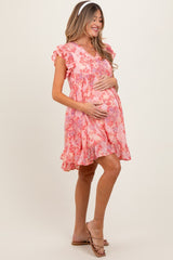 Pink Floral Chiffon Ruffle Short Sleeve Maternity Dress