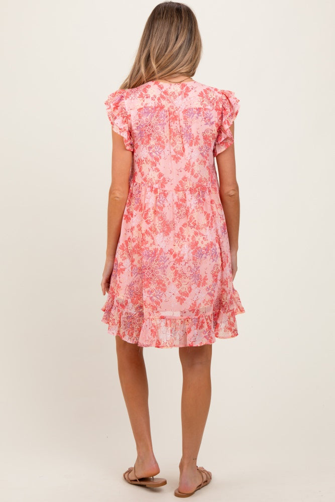 Pink Floral Chiffon Ruffle Short Sleeve Maternity Dress