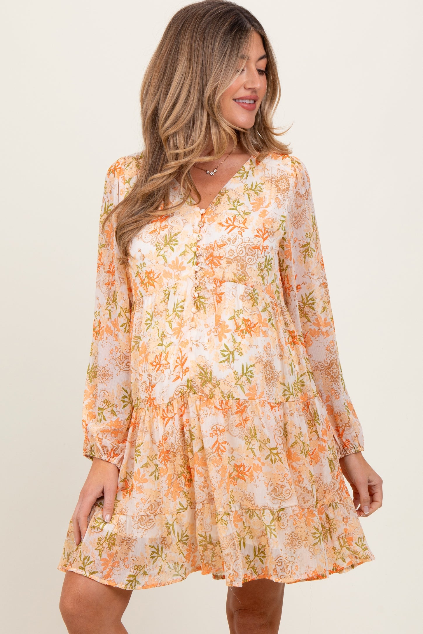 Orange Floral Chiffon Babydoll Long Sleeve Maternity Dress – PinkBlush