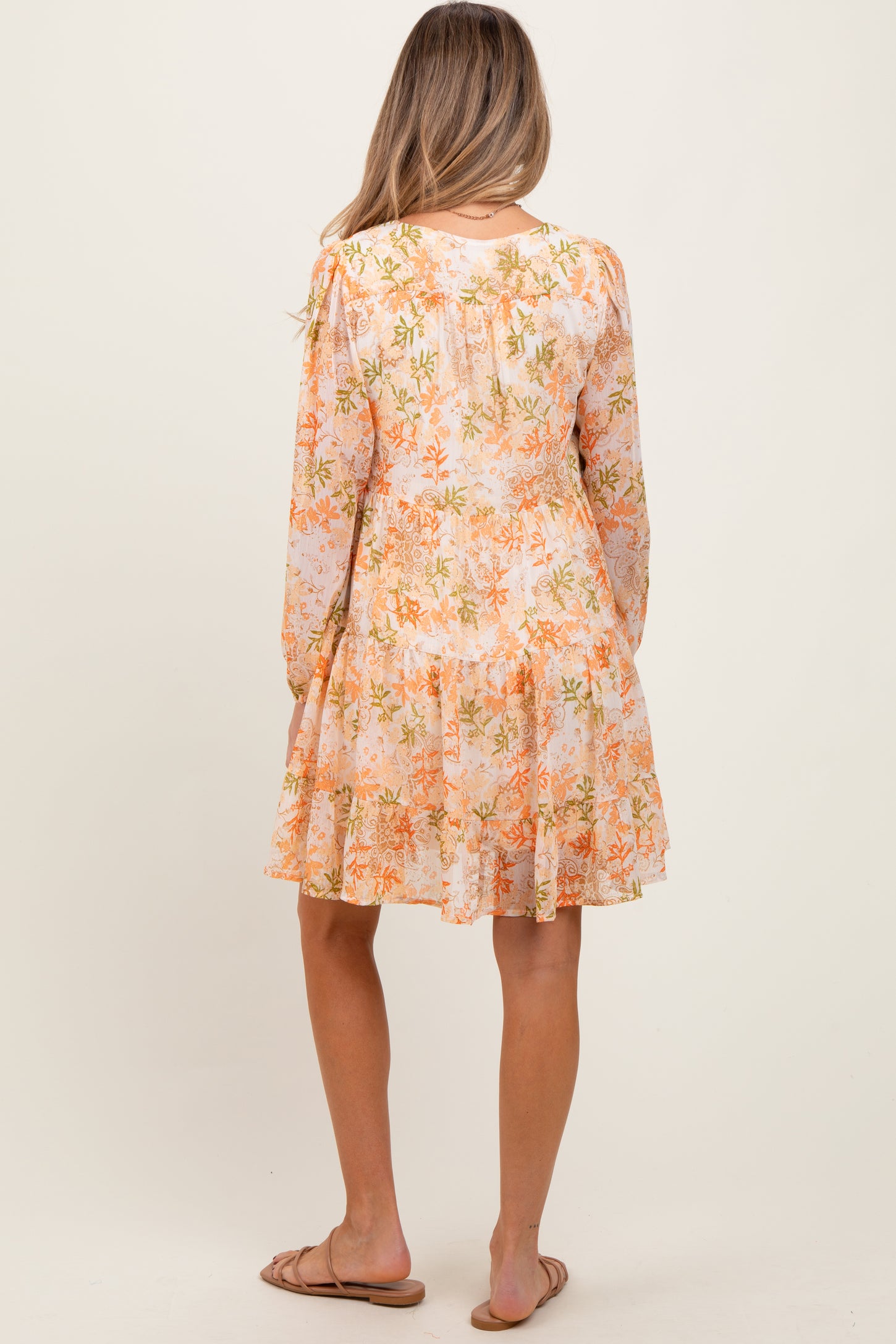 Orange Floral Chiffon Babydoll Long Sleeve Maternity Dress Orange Floral Chiffon Babydoll Long Sleeve Maternity Dress