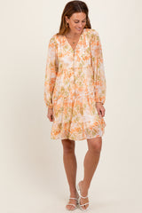 Orange Floral Chiffon Babydoll Long Sleeve Dress