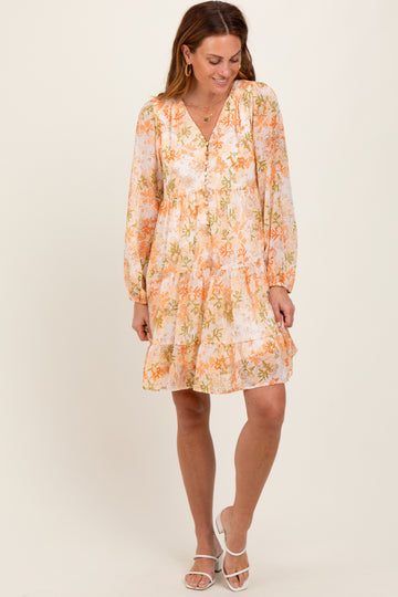 Orange Floral Chiffon Babydoll Long Sleeve Dress