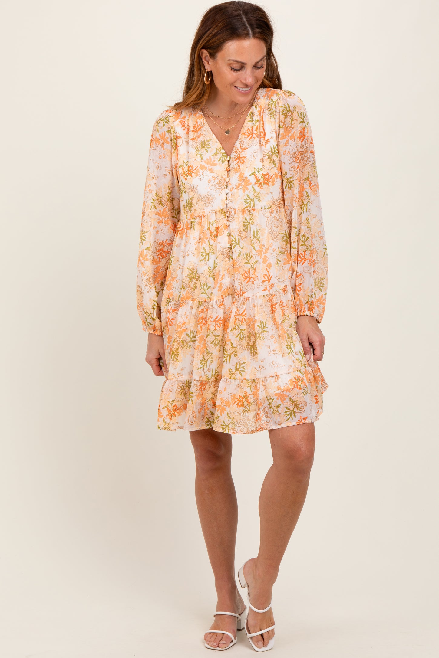 Orange Floral Chiffon Babydoll Long Sleeve Dress – PinkBlush