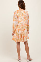 Orange Floral Chiffon Babydoll Long Sleeve Dress