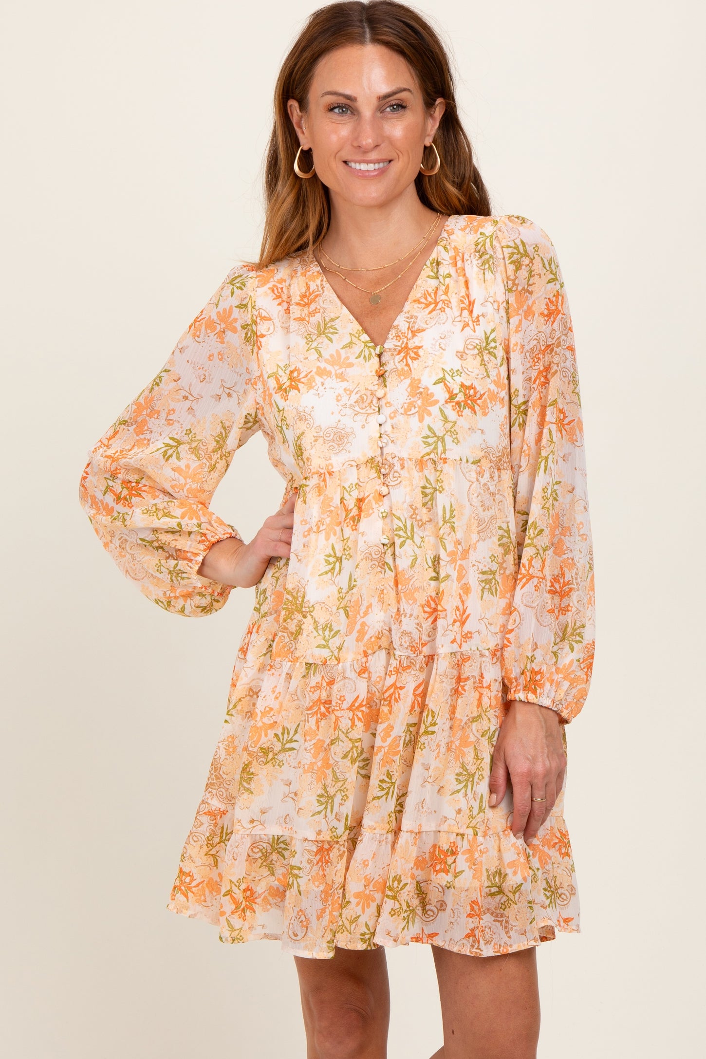 Orange Floral Chiffon Babydoll Long Sleeve Maternity Dress – PinkBlush