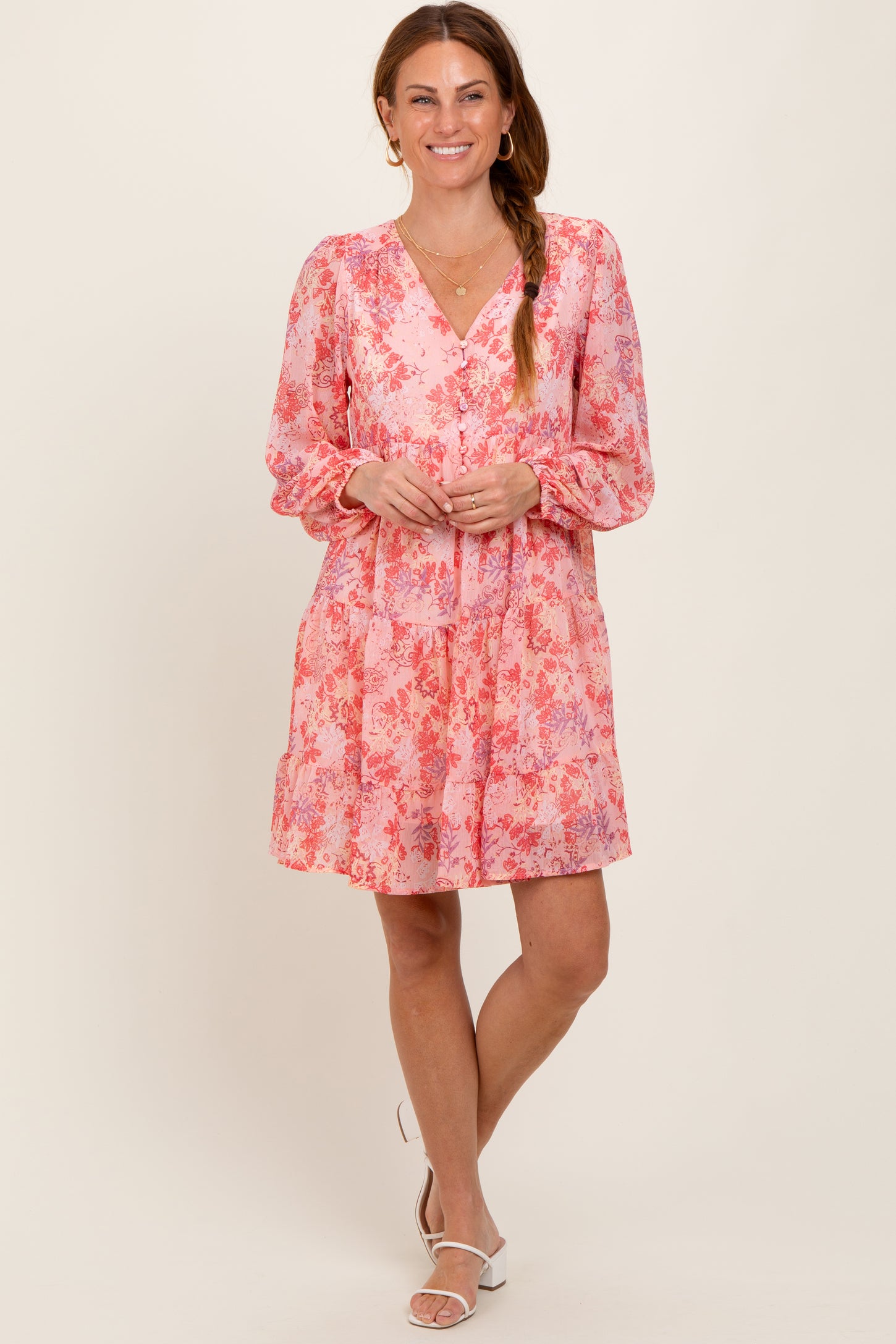 Pink Floral Chiffon Babydoll Long Sleeve Dress – PinkBlush