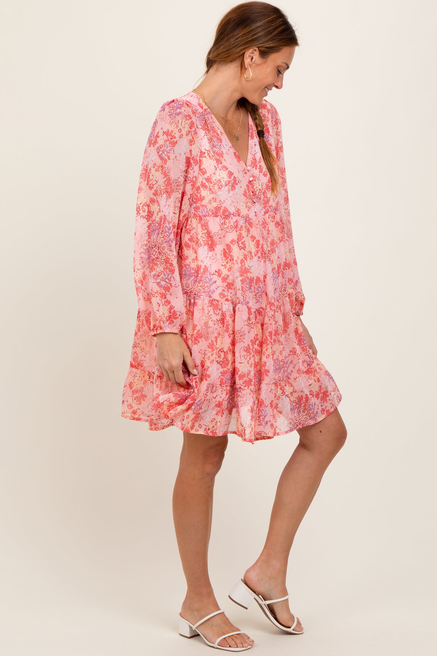 Pink Floral Chiffon Babydoll Long Sleeve Dress
