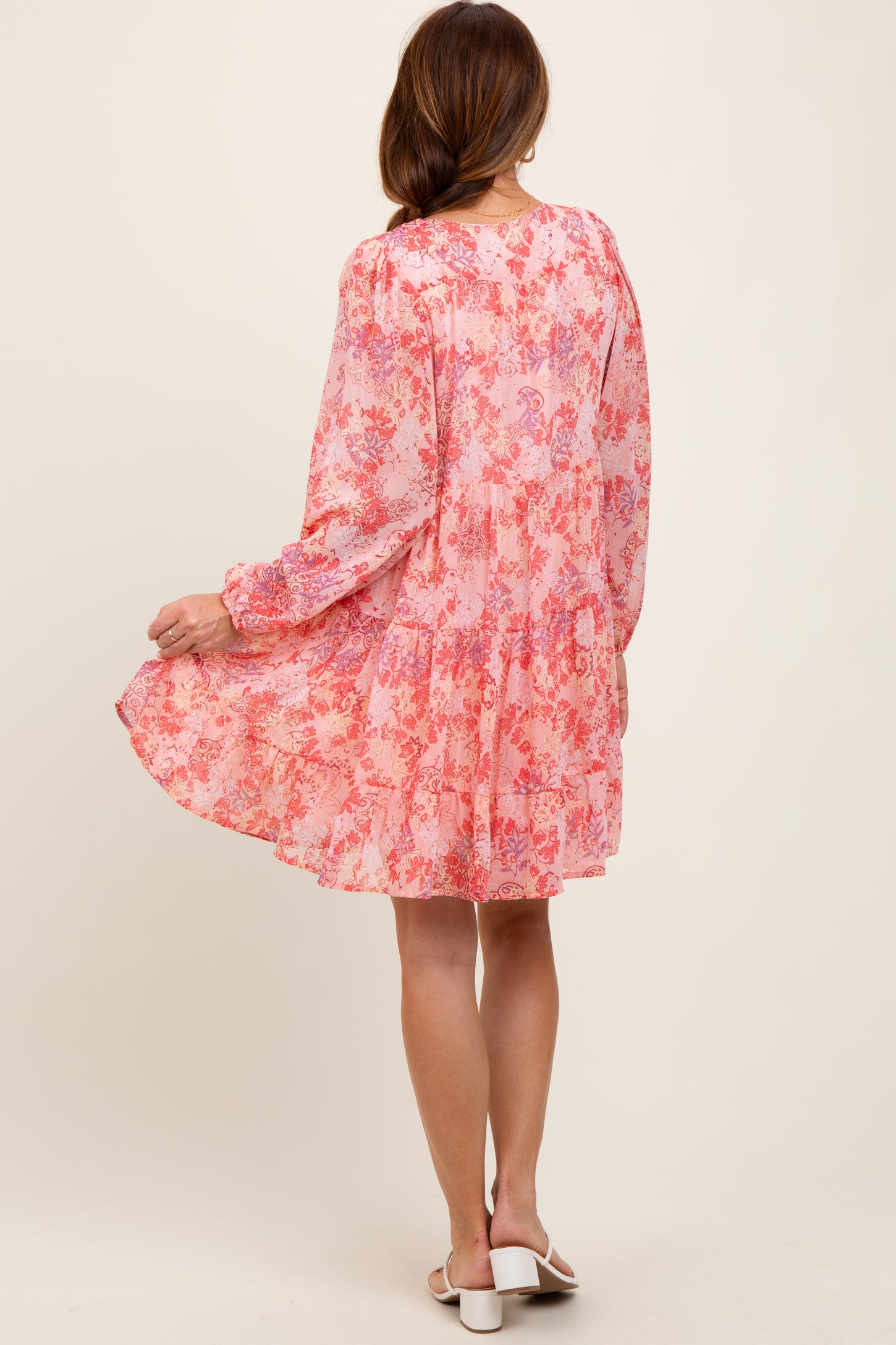 Pink Floral Chiffon Babydoll Long Sleeve Dress