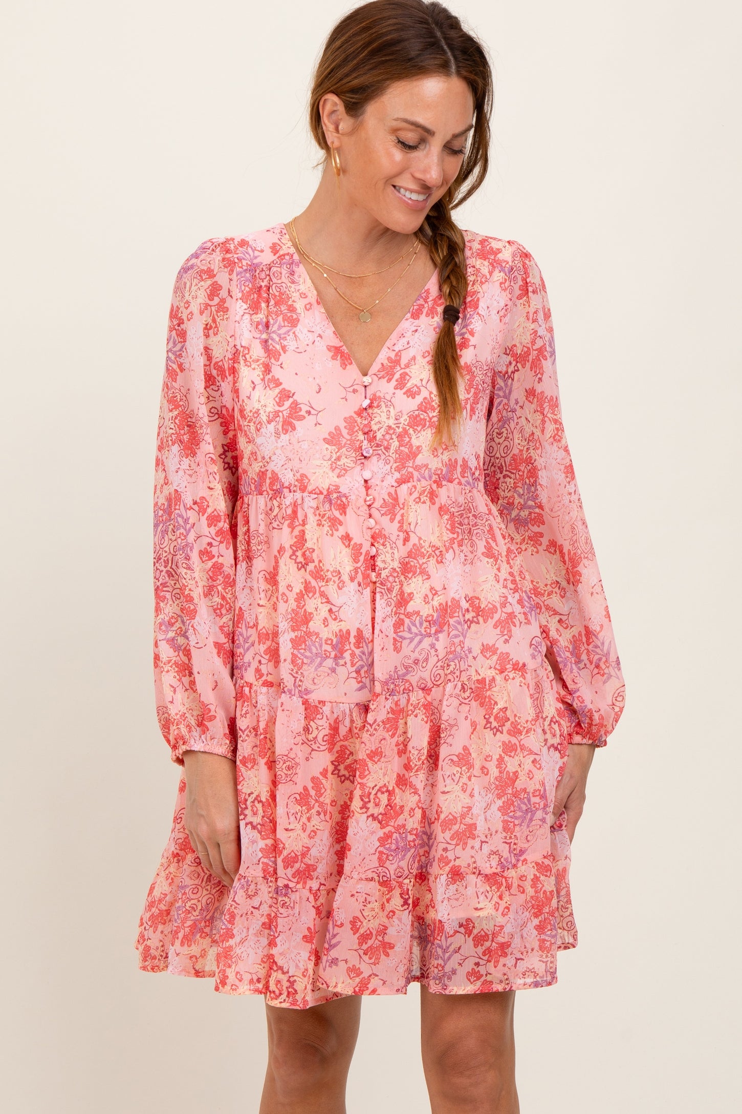 Pink Floral Chiffon Babydoll Long Sleeve Dress