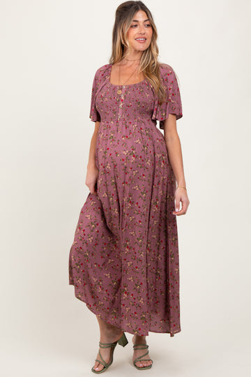 Mauve Floral Smocked Button Front Short Sleeve Maternity Maxi Dress