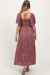 Mauve Floral Smocked Button Front Short Sleeve Maternity Maxi Dress