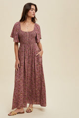 Mauve Floral Smocked Button Front Short Sleeve Maternity Maxi Dress