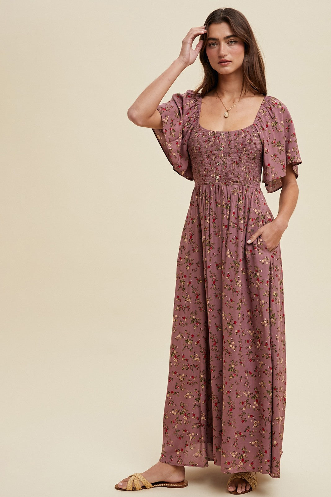 Mauve Floral Smocked Button Front Short Sleeve Maxi Dress