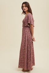 Mauve Floral Smocked Button Front Short Sleeve Maxi Dress