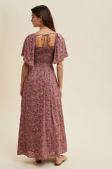 Mauve Floral Smocked Button Front Short Sleeve Maxi Dress