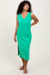Green V-Neck Sleeveless Side Slit Midi Dress