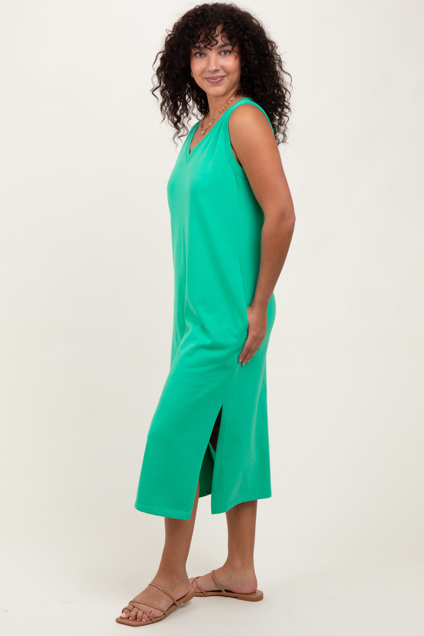 Green V-Neck Sleeveless Side Slit Midi Dress