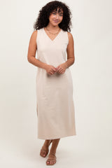 Cream V-Neck Sleeveless Side Slit Midi Dress